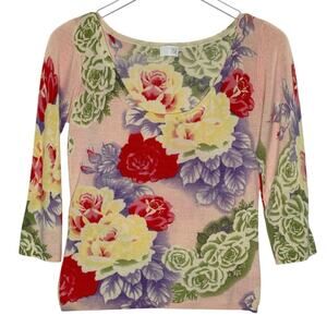TSE Floral Print Sweater M 100% Cashmere Romantic Colors Pink Yellow Flowers